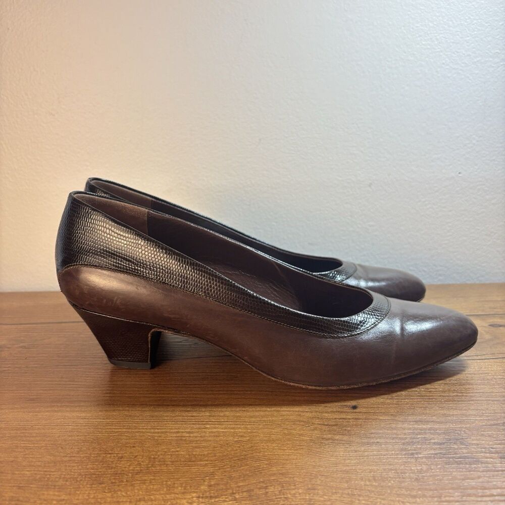Vintage Florsheim Made in Italy Brown Leather Lizard-Trim Pumps Heels 7.5 B